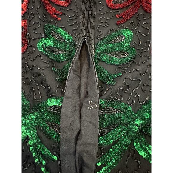 Vtg 80s Lawrence Kazer NY Silk Beaded Jacket Red Green Bows Holiday Partly Sz L - Picture 9 of 10